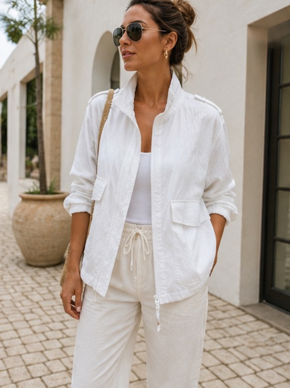 NWT ON 34th White Cotton Utility Jacket High Neck Drawstring 2X